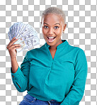 Woman, wow portrait and money fan for bonus, financial success a