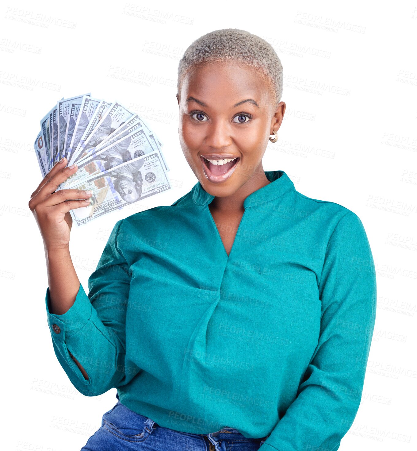 Buy stock photo Woman, portrait and wow with money fan for winning bonus for achievement, cashback or finance loan. Black person, face and cash or isolated transparent png background with profit, excited or lottery