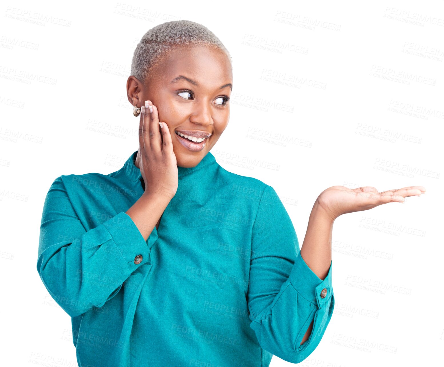 Buy stock photo Black woman, discount or palm for presentation, offer, product or news for announcement. Transparent png background, isolated happy person or promotion with smile, beauty or sale with guide or choice