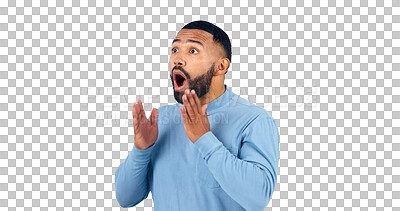 Buy stock photo News, announcement and man with surprise on face for drama in transparent, isolated or png background. Wow, emoji and shocked person excited for secret or hearing crazy gossip, information or story