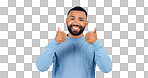 Thumbs up, man and portrait with sign for yes in studio, white background with happiness, support. Thank you, hands and person smile for success, agreement or positive emoji with achievement of goal