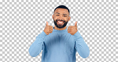 Buy stock photo Thumbs up, agreement and portrait of happy man with positive attitude isolated on transparent png background. Thank you, smile and person yes hand gesture for success, emoji and achievement of goal.