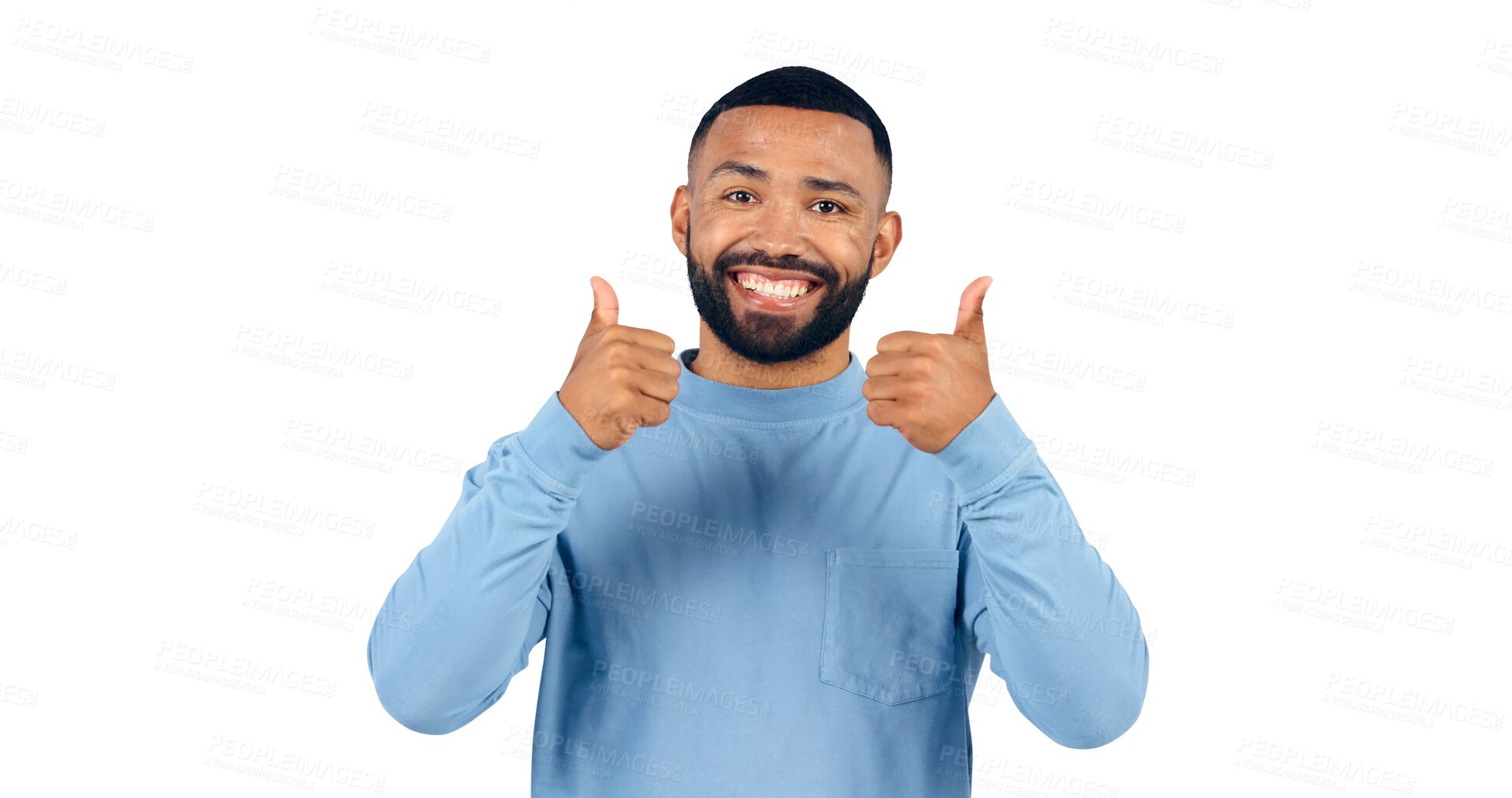 Buy stock photo Thumbs up, agreement and portrait of happy man with positive attitude isolated on transparent png background. Thank you, smile and person yes hand gesture for success, emoji and achievement of goal.