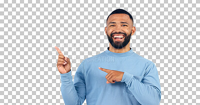 Buy stock photo Man, portrait and pointing for advertising, information and choice on isolated and transparent background. Happy male model, presentation and show fashion for feedback or launch of news on png