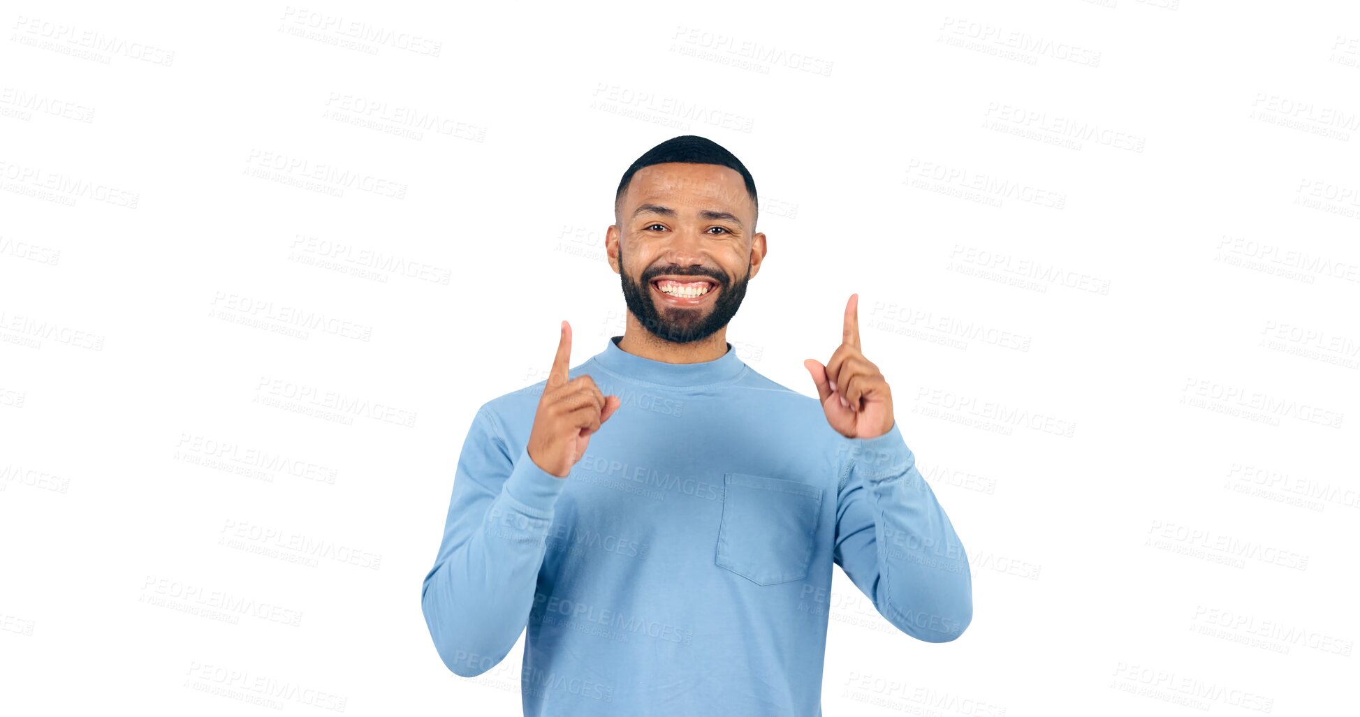 Buy stock photo Happy, face and man with hand pointing up in studio for announcement, info or promo on transparent png. Smile, portrait and excited male model show giveaway, deal or lottery competition prize offer