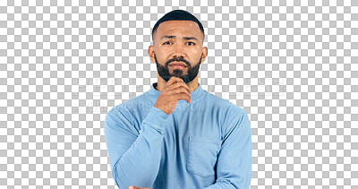 Buy stock photo Thinking, face and confused man with brainstorming, ask or guess isolated on png background. Transparent, portrait and male model with questions, why or unsure body language, emoji or solution 