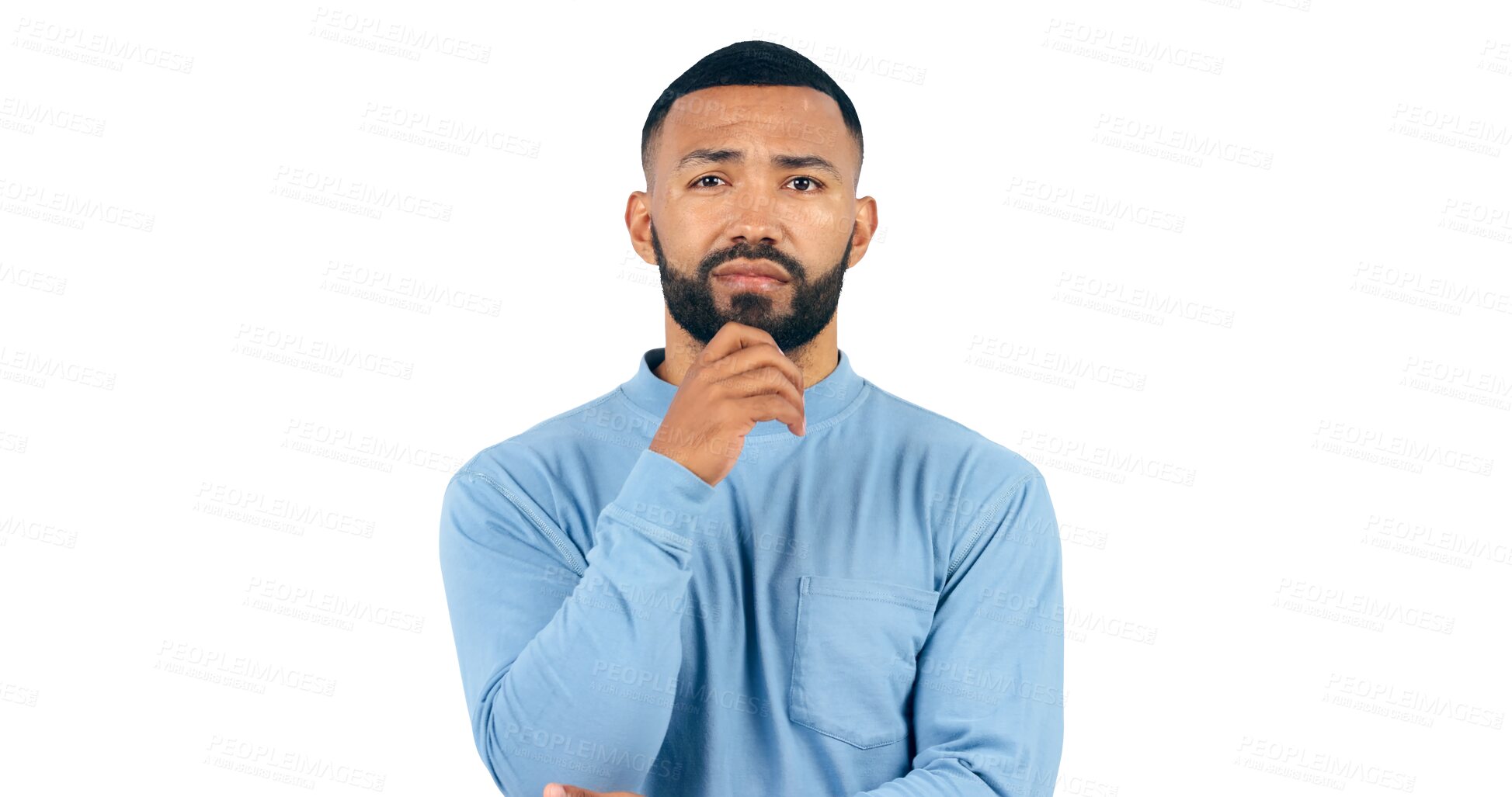 Buy stock photo Thinking, face and confused man with brainstorming, ask or guess isolated on png background. Transparent, portrait and male model with questions, why or unsure body language, emoji or solution 