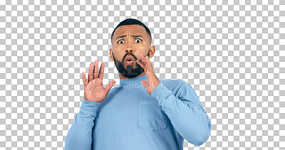 Buy stock photo Shock, surprise and portrait of man with wow and omg facial expression for information or fake news. Worry, drama or alert face of model from brazil, wtf or isolated on a transparent png background