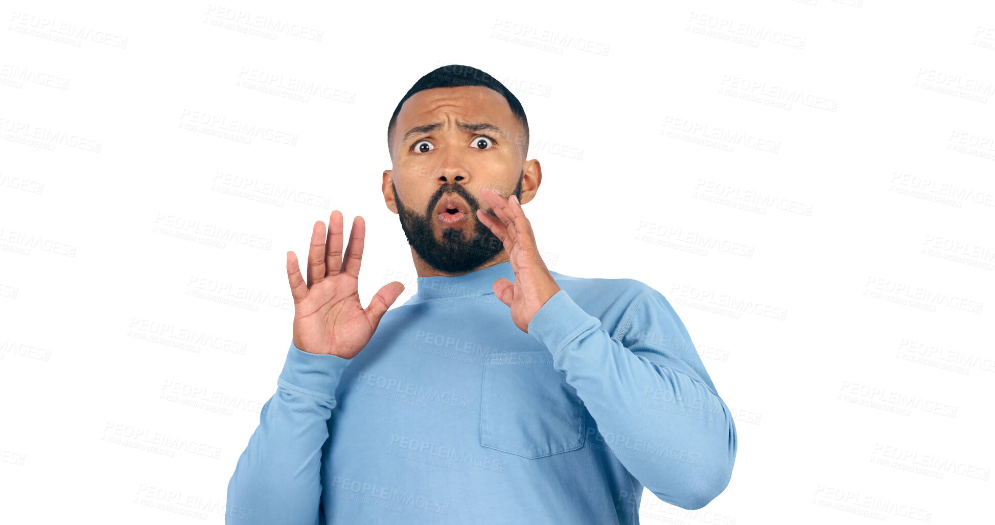 Buy stock photo Shock, surprise and portrait of man with wow and omg facial expression for information or fake news. Worry, drama or alert face of model from brazil, wtf or isolated on a transparent png background