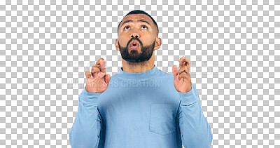 Buy stock photo Man, fingers crossed and hope for luck or miracle, wish and hand gesture for bonus or betting game. Model, praying and thinking of lucky numbers for lotto and isolated on a transparent png background