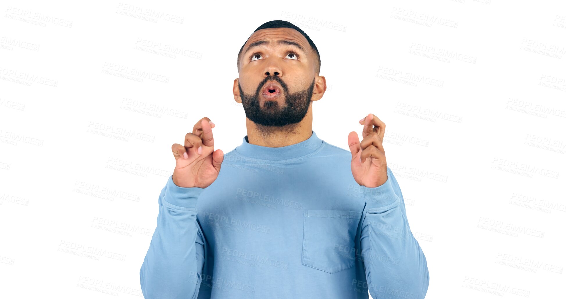 Buy stock photo Man, fingers crossed and hope for luck or miracle, wish and hand gesture for bonus or betting game. Model, praying and thinking of lucky numbers for lotto and isolated on a transparent png background