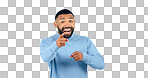 Portrait, man and pointing in studio with smile for motivation, selection and encouragement on white background. Face, person and hand gesture with happiness for decision or choice with mock up space