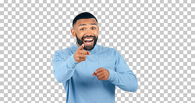 Buy stock photo Happy, portrait and man with hands pointing for decision and choice for recruitment or opportunity. Brazil model, face or excited for winner or achievement or isolated on a transparent png background