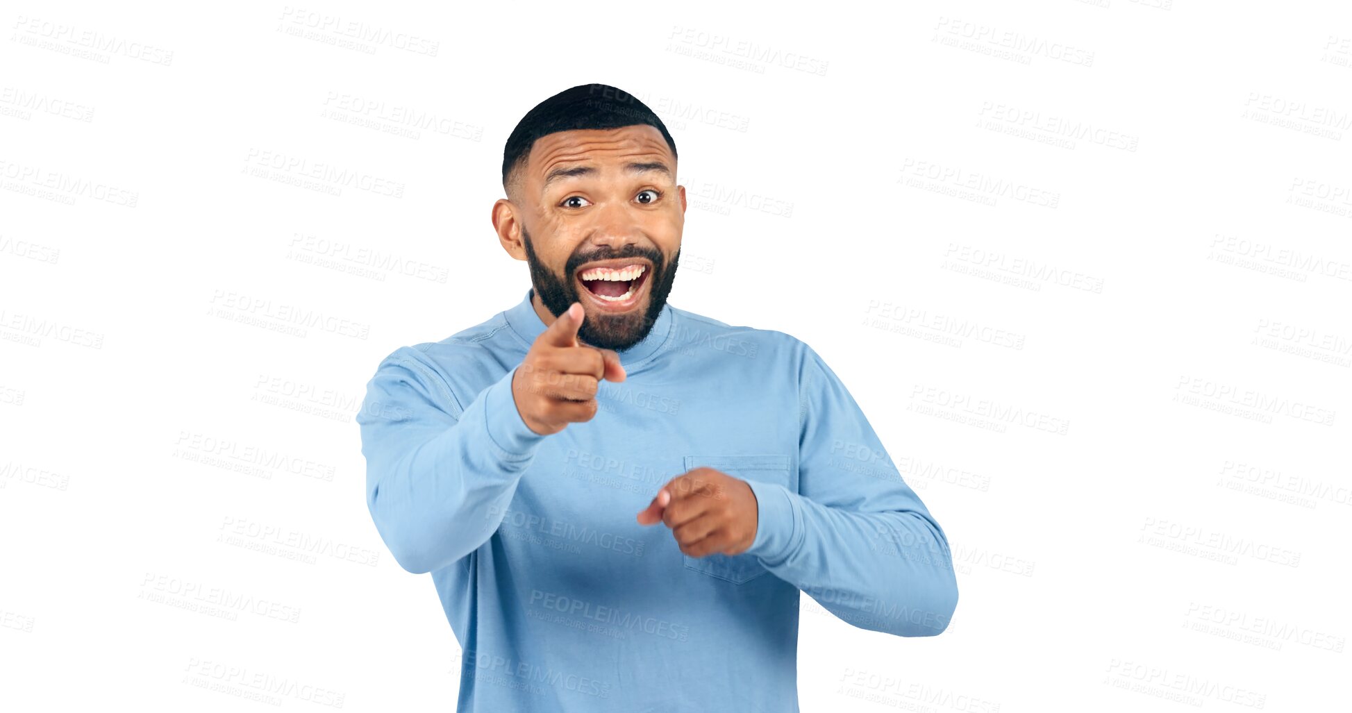 Buy stock photo Happy, portrait and man with hands pointing for decision and choice for recruitment or opportunity. Brazil model, face or excited for winner or achievement or isolated on a transparent png background