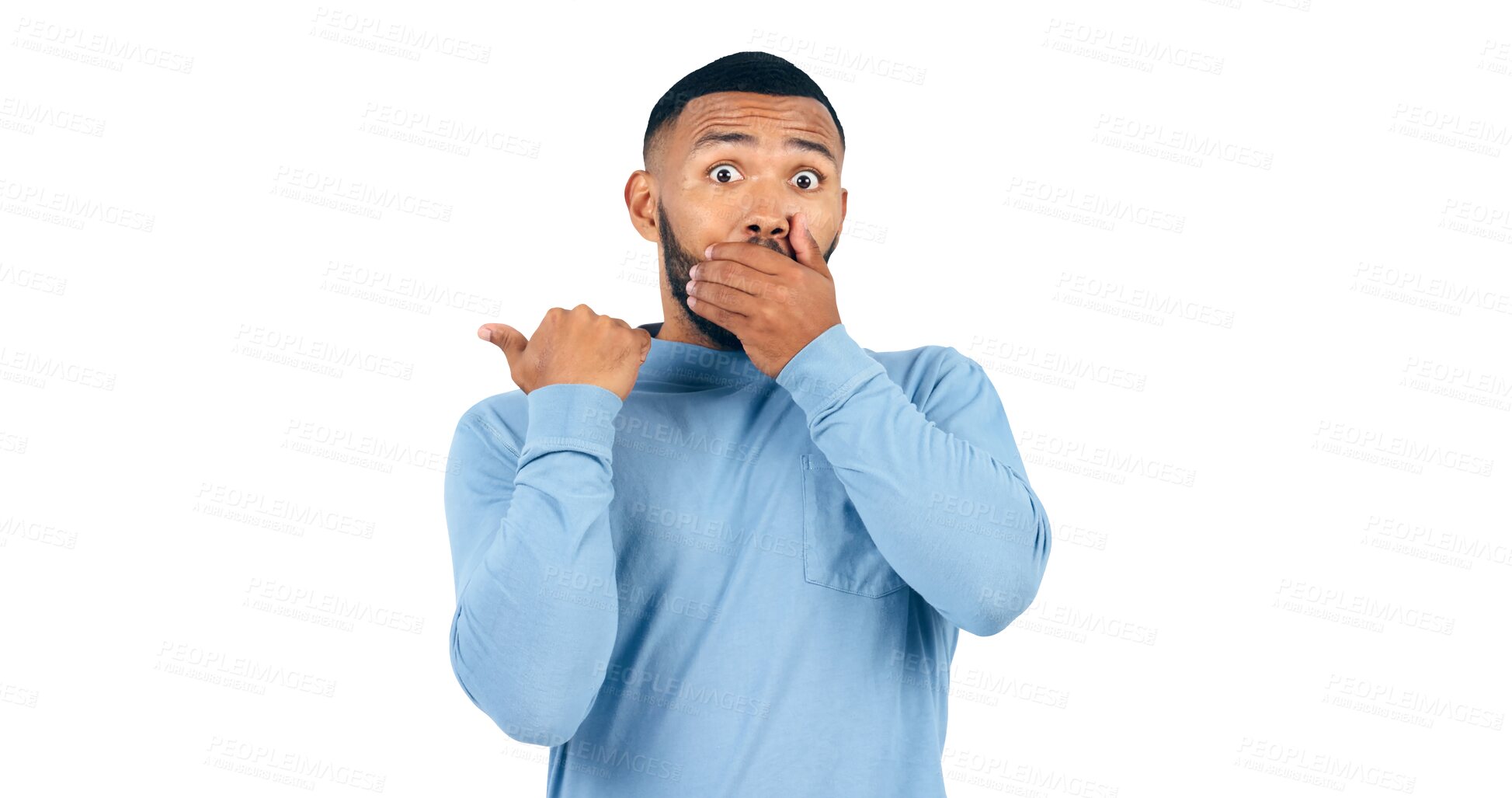 Buy stock photo Gossip, surprise and portrait of man with wow and omg facial expression for media drama or fake news. Information, shock and face of model for what, wtf and isolated on a transparent png background