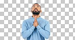 Worship, prayer and man praying in studio for thank you, faith or help on white background. Jesus Christ, hope and male model in prayer, trust or praise, gratitude or guidance, holy or gospel peace