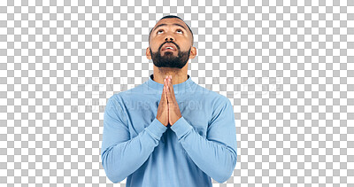 Buy stock photo Praying, spiritual and man for gratitude, worship and forgiveness of christian with faith. Catholic, religion or brazil male with prayer hand in confession or isolated on a transparent png background