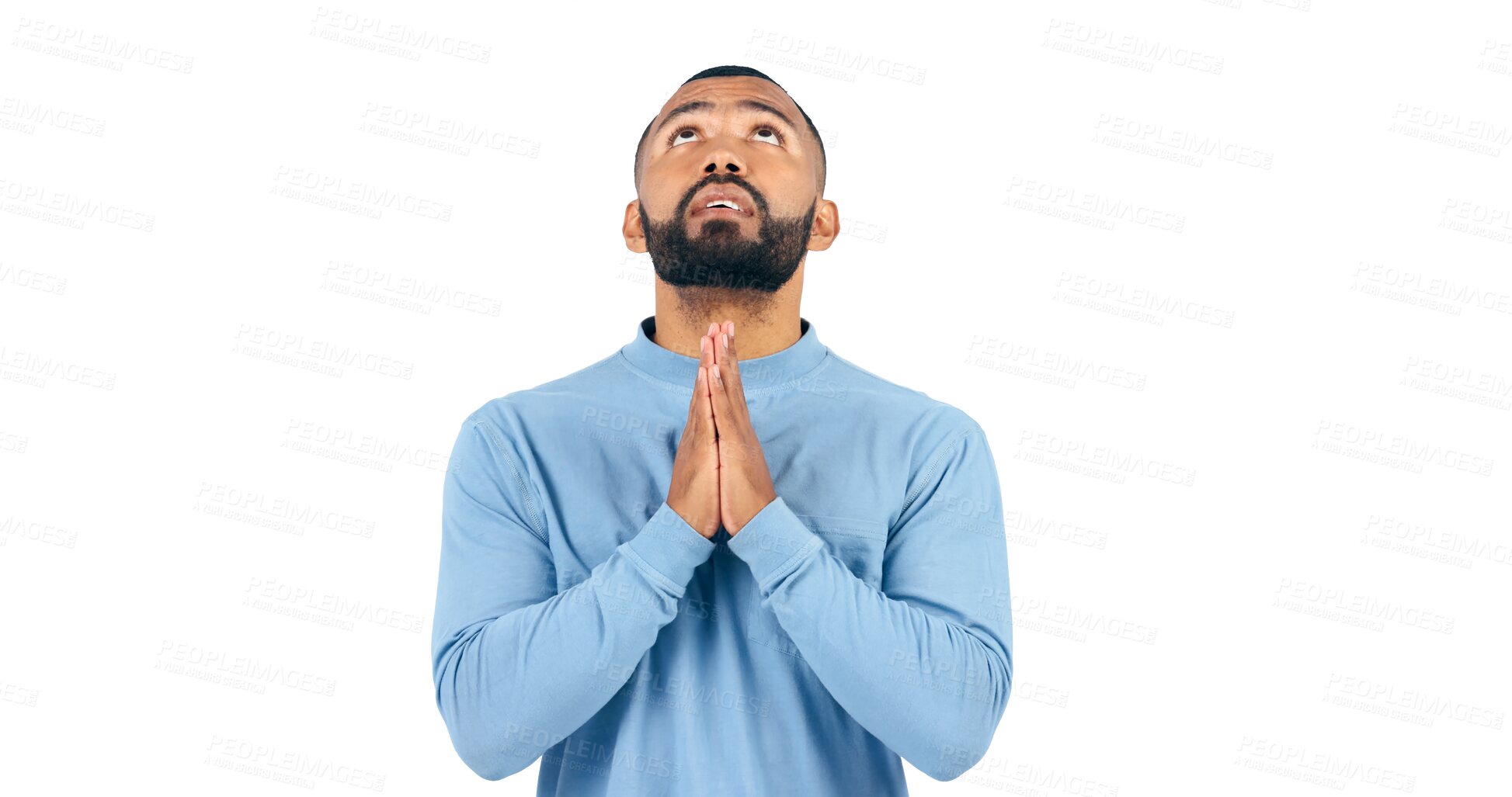 Buy stock photo Praying, spiritual and man for gratitude, worship and forgiveness of christian with faith. Catholic, religion or brazil male with prayer hand in confession or isolated on a transparent png background