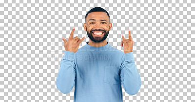 Buy stock photo Happy man, portrait and rocker while excited for fun, crazy and party celebration for love of music. Model, face and positive with punk gesture for energy and isolated on a transparent png background