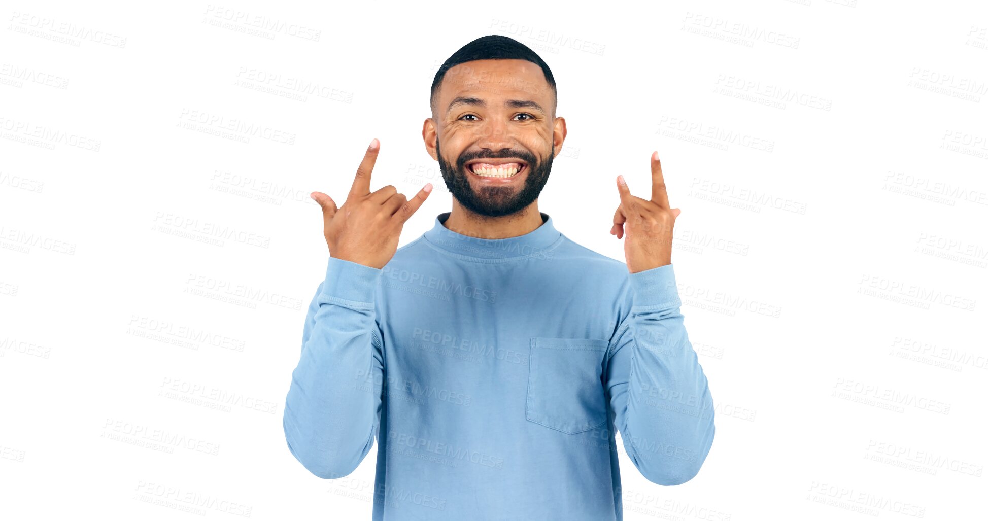 Buy stock photo Happy man, portrait and rocker while excited for fun, crazy and party celebration for love of music. Model, face and positive with punk gesture for energy and isolated on a transparent png background