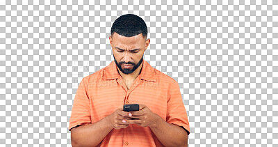 Buy stock photo Man, reading or confused by cellphone for fake news, notification or online subscription for mobile game. Model, worry or error with password glitch or 404 or isolated on transparent png background