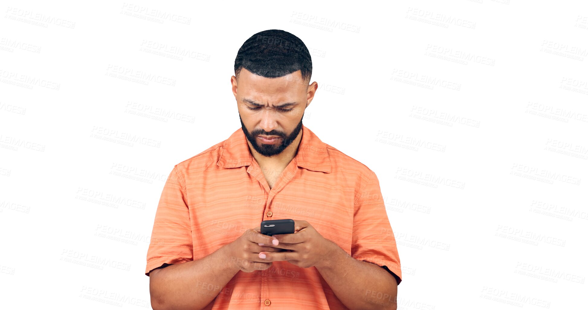 Buy stock photo Man, reading or confused by cellphone for fake news, notification or online subscription for mobile game. Model, worry or error with password glitch or 404 or isolated on transparent png background