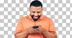 Man in studio with phone, smile and typing with connection for networking, online chat or communication. Good news, notification and happy person writing message, email or post on white background.