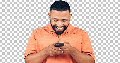 Buy stock photo Happy man, phone and typing for online chatting, social media or communication on a transparent PNG background. Isolated or young male person with smile on mobile smartphone for texting or networking