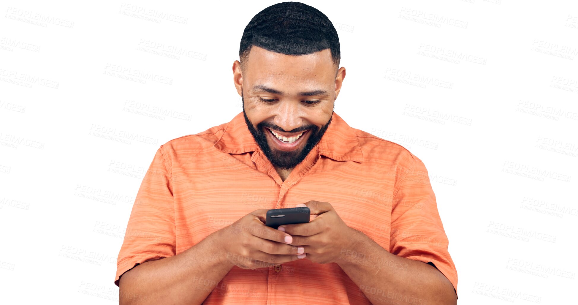 Buy stock photo Happy man, phone and typing for online chatting, social media or communication on a transparent PNG background. Isolated or young male person with smile on mobile smartphone for texting or networking