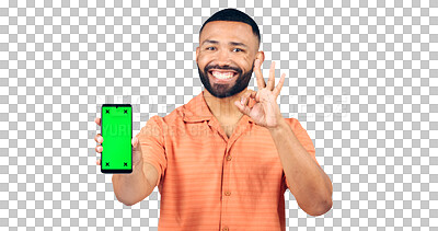 Buy stock photo Happy man, portrait or ok sign with phone, green screen or success on a transparent PNG background. Isolated male person showing mobile smartphone or chromakey display with like emoji or okay gesture