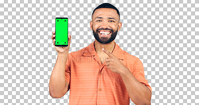 Buy stock photo Happy man, portrait and pointing to phone with green screen for advertising on a transparent PNG background. Isolated male person showing mobile smartphone or chromakey display in marketing on mockup