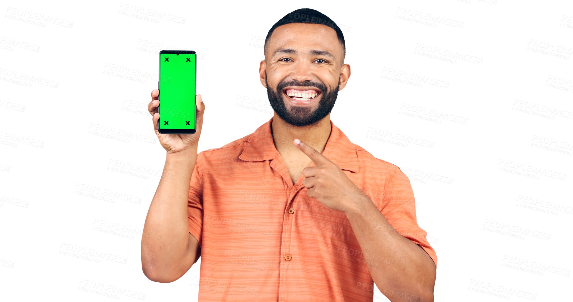 Buy stock photo Happy man, portrait and pointing to phone with green screen for advertising on a transparent PNG background. Isolated male person showing mobile smartphone or chromakey display in marketing on mockup