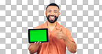 Portrait, man and thumbs up for tablet with green screen, space or agreement of deal in studio on white background. Happy model, digital marketing and like emoji for newsletter, promotion and support