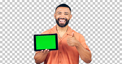 Buy stock photo Happy man, portrait and thumbs up with tablet, green screen or success on a transparent PNG background. Isolated male person with smile, like emoji or yes sign for technology or chromakey display