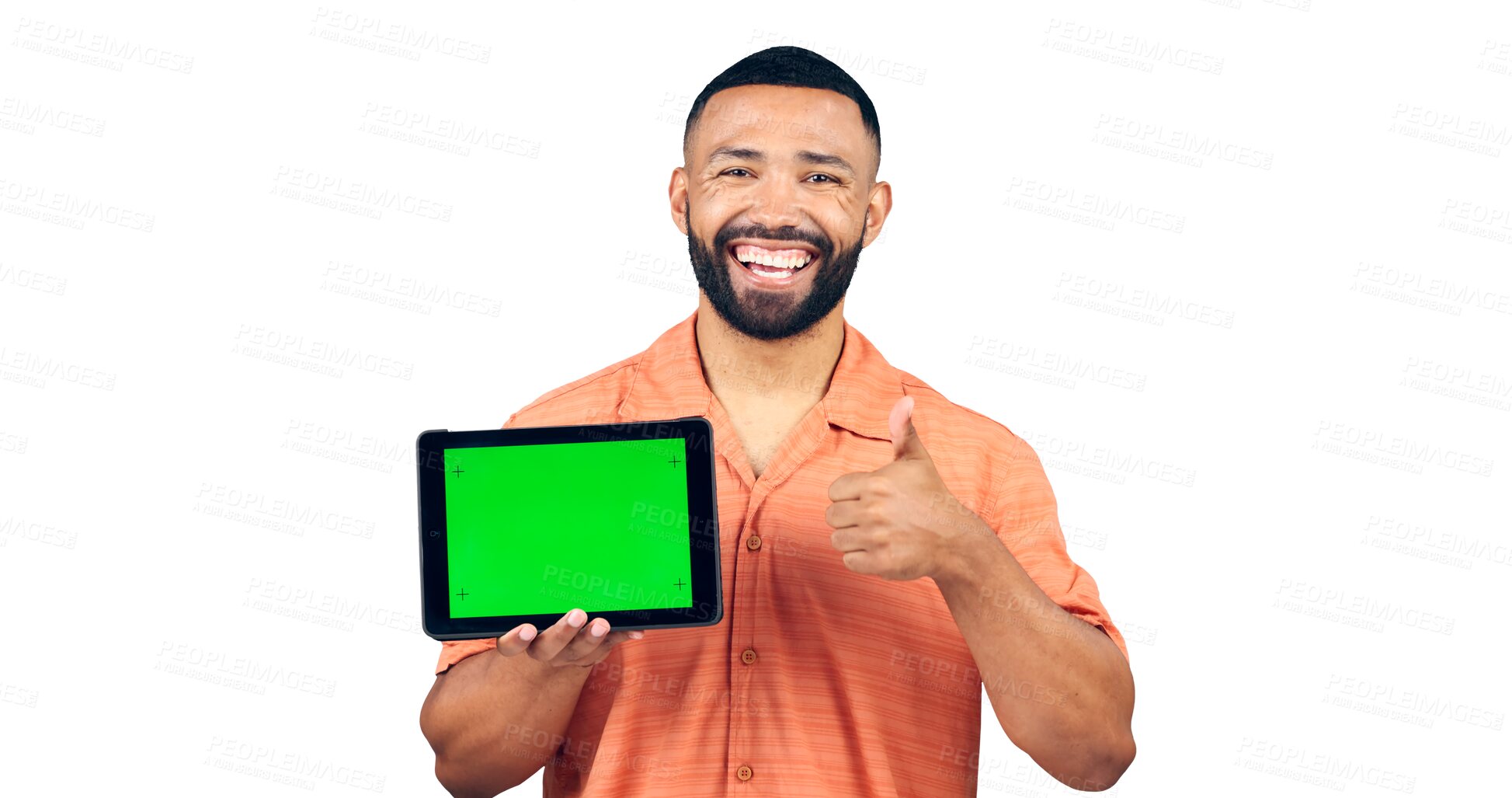 Buy stock photo Happy man, portrait and thumbs up with tablet, green screen or success on a transparent PNG background. Isolated male person with smile, like emoji or yes sign for technology or chromakey display