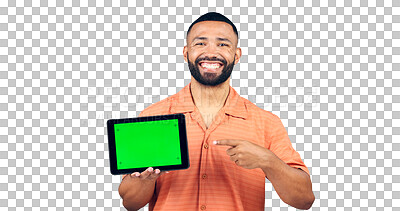 Buy stock photo Happy man, portrait and pointing to tablet with green screen or mockup on a transparent PNG background. Isolated male person with smile, technology or chromakey display for advertising or marketing