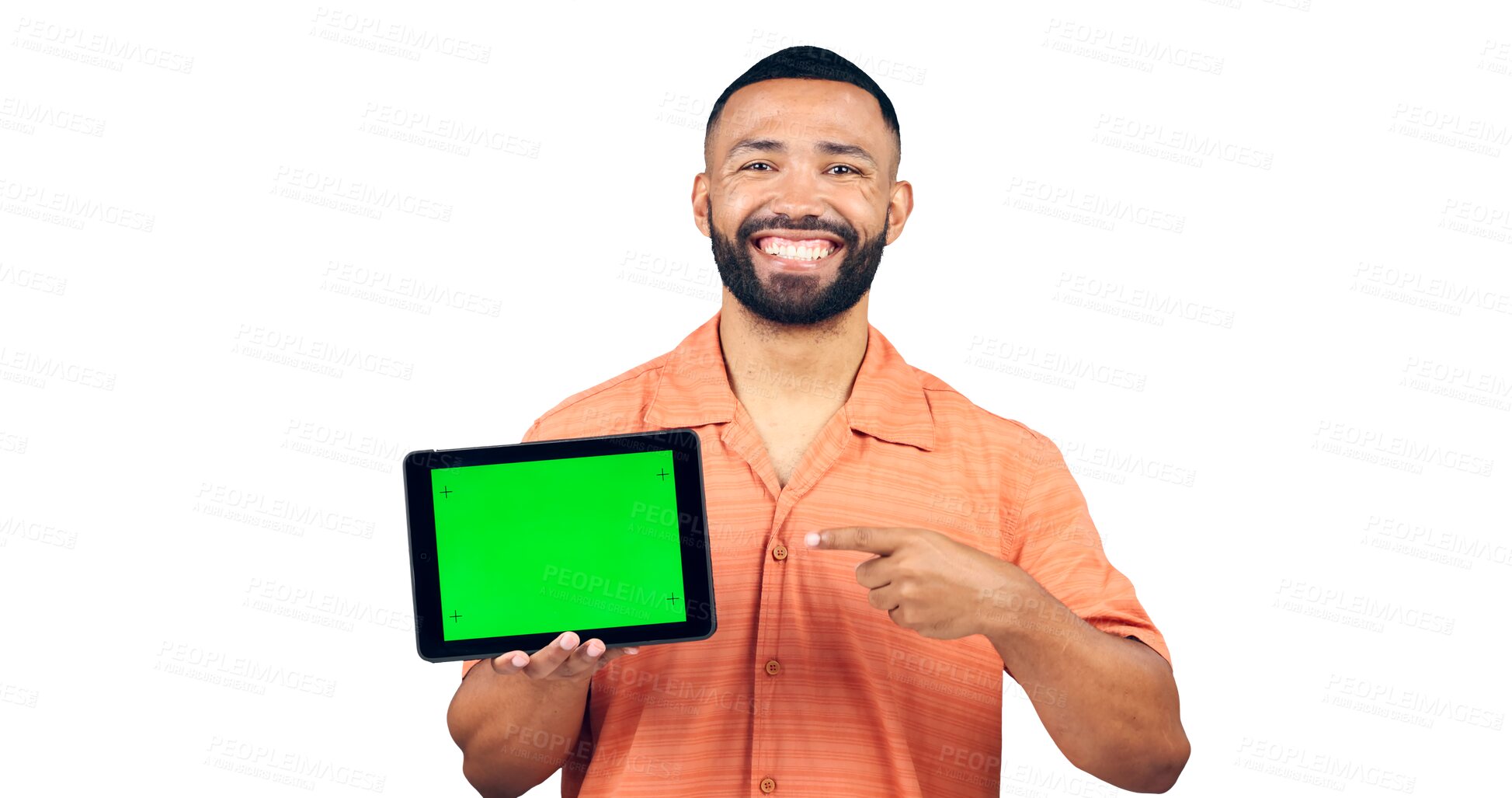 Buy stock photo Happy man, portrait and pointing to tablet with green screen or mockup on a transparent PNG background. Isolated male person with smile, technology or chromakey display for advertising or marketing