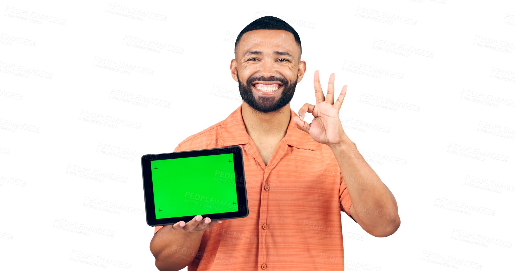 Buy stock photo Happy man, portrait and ok sign with tablet, green screen or success on transparent PNG background. Isolated young male person showing technology or chromakey display with like emoji or okay gesture