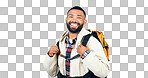 Man, portrait and hiking in studio with backpack and smile from travel and freedom with adventure. Camping, fitness and grey background and walking with trekking camper gear for vacation and holiday