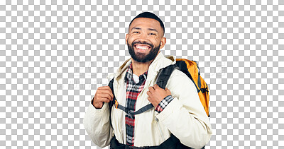 Buy stock photo Happy man, portrait and backpack of hiker ready for adventure, travel or journey on a transparent PNG background. Isolated male person, tourist or traveler with smile and bag for outdoor trekking