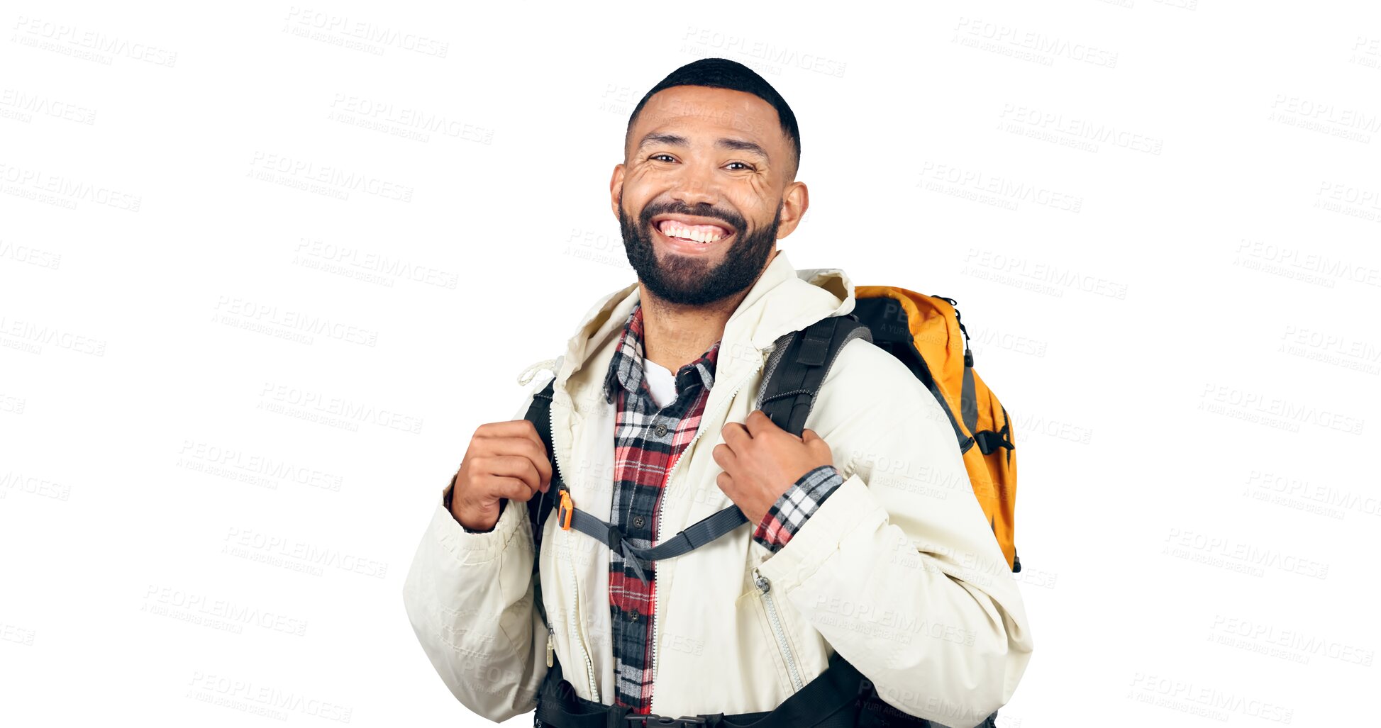 Buy stock photo Happy man, portrait and backpack of hiker ready for adventure, travel or journey on a transparent PNG background. Isolated male person, tourist or traveler with smile and bag for outdoor trekking