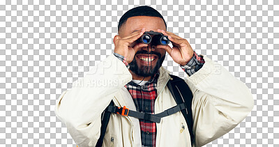 Buy stock photo Man, binoculars and happy for hiking with backpack for travel, sightseeing and adventure on holiday or vacation. Tourist, guy or smile with trekking safari gear isolated on png transparent background