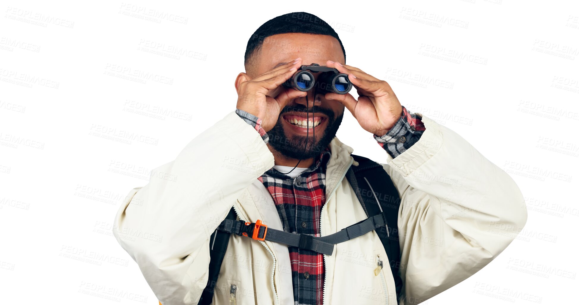 Buy stock photo Man, binoculars and happy for hiking with backpack for travel, sightseeing and adventure on holiday or vacation. Tourist, guy or smile with trekking safari gear isolated on png transparent background