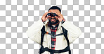 Man, binoculars and hiking search in studio with backpack for travel and freedom with adventure. Camping, watching and grey background and walking with trekking camper gear for vacation and holiday
