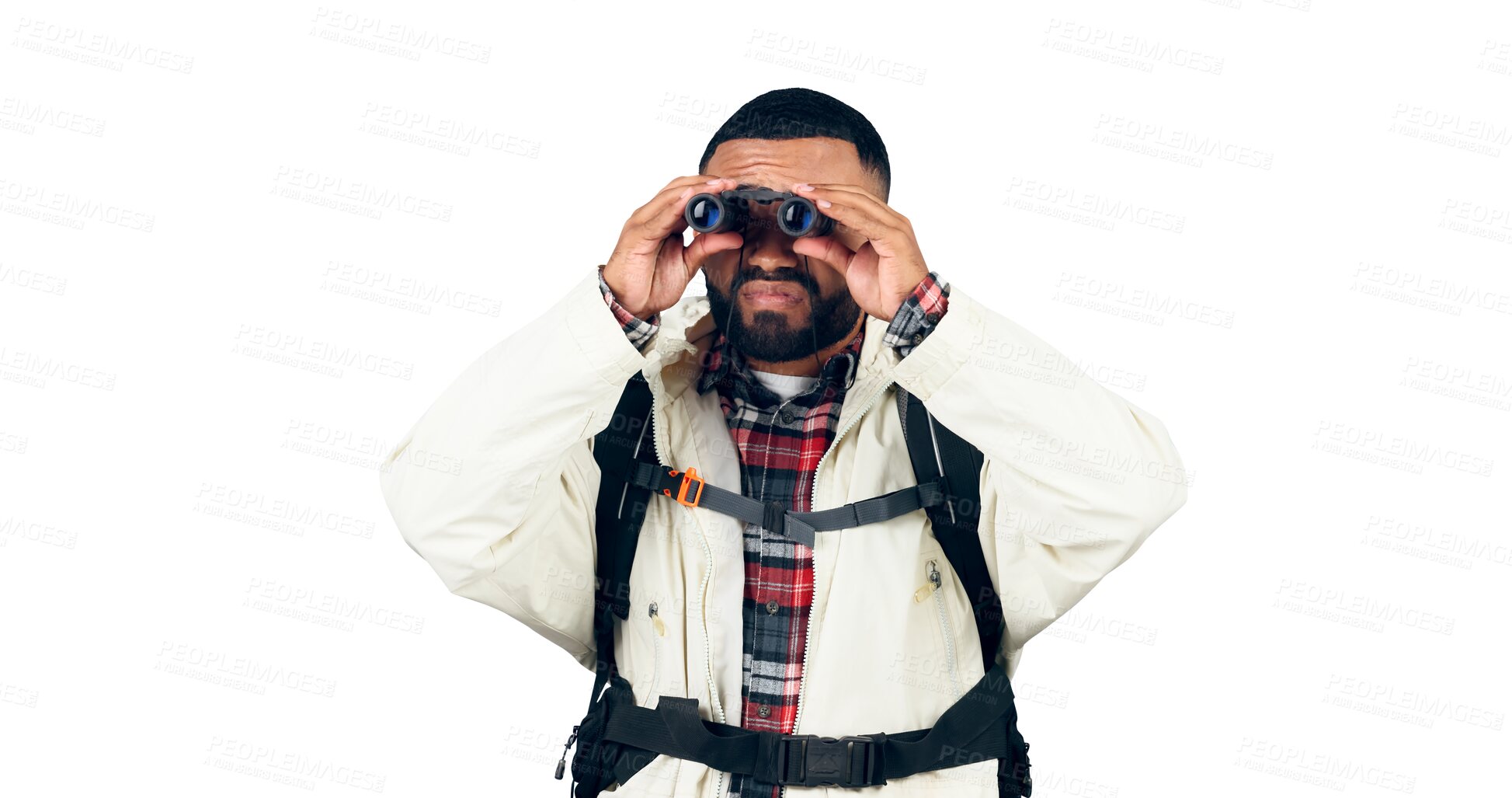 Buy stock photo Man, binoculars or search on hiking with backpack for travel, sightseeing and adventure on holiday or vacation. Tourist, guy or safari with birdwatching or trip isolated on png transparent background