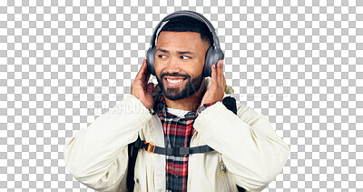 Buy stock photo Man, smile and listening with headphones and face for music or audio streaming. Radio, podcast or person relax with hip hop sound or app with technology isolated on a transparent, png background