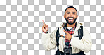 Hiking portrait, happy man and pointing at studio promotion, commercial information or presentation news. Fitness adventure journey, mockup space direction and person trekking on white background