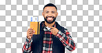 Pointing, portrait and man with a passport, smile and vacation on white studio background. Face, model and tourist with a ticket, hand gesture and travelling with mockup space, getaway and holiday