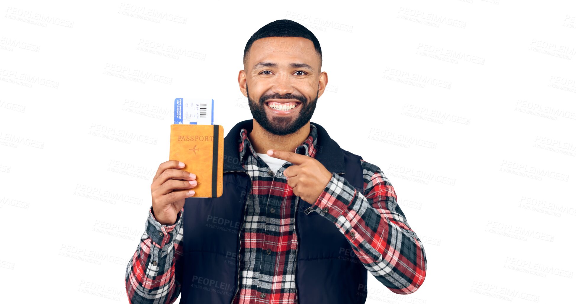 Buy stock photo Pointing, smile and portrait of man with passport for travel, vacation or holiday with document. Face, happy and young male tourist with ticket for weekend trip isolated by transparent png background