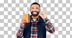 Ok sign, portrait and man with a passport, smile and vacation on white studio background. Face, model and tourist with tickets, perfect symbol and travelling with mockup space, agreement and holiday